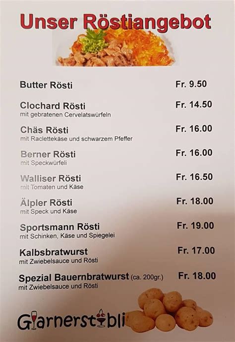 Menu at Glarnerstübli, Glarus